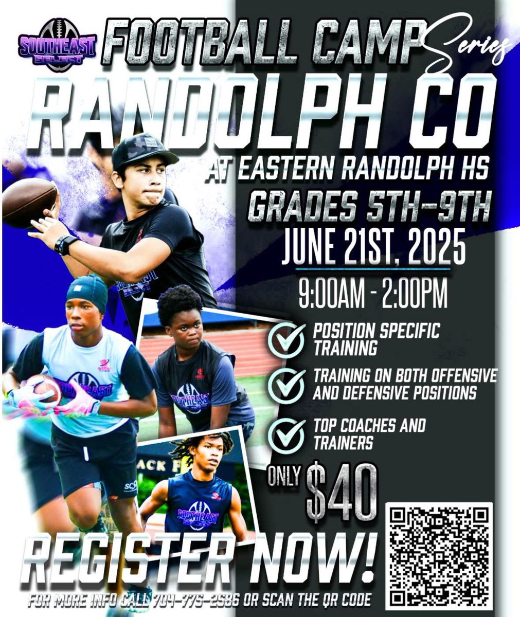 CFSRecruitment's tweet image. Unlock your potential at Southeast Select Football Camp in Randolph County! Grades 5–9. Position-specific training that sets you apart!