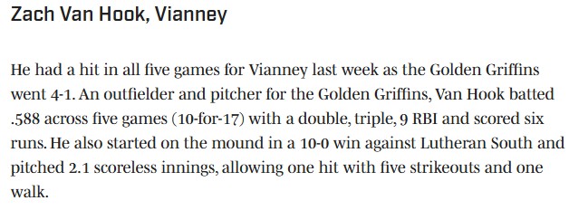 Vianney Griffins (@vianneygriffins) on Twitter photo Go vote for junior Zach Van Hook for Missouri High School Baseball Player of the Week!
Voting ends Sunday, May 18 at 11:59 p.m.
<a href="/VianneyBaseball/">Vianney Baseball</a> | #STL
si.com/high-school/mi… Go vote for junior Zach Van Hook for Missouri High School Baseball Player of the Week!
Voting ends Sunday, May 18 at 11:59 p.m.
<a href="/VianneyBaseball/">Vianney Baseball</a> | #STL
si.com/high-school/mi…