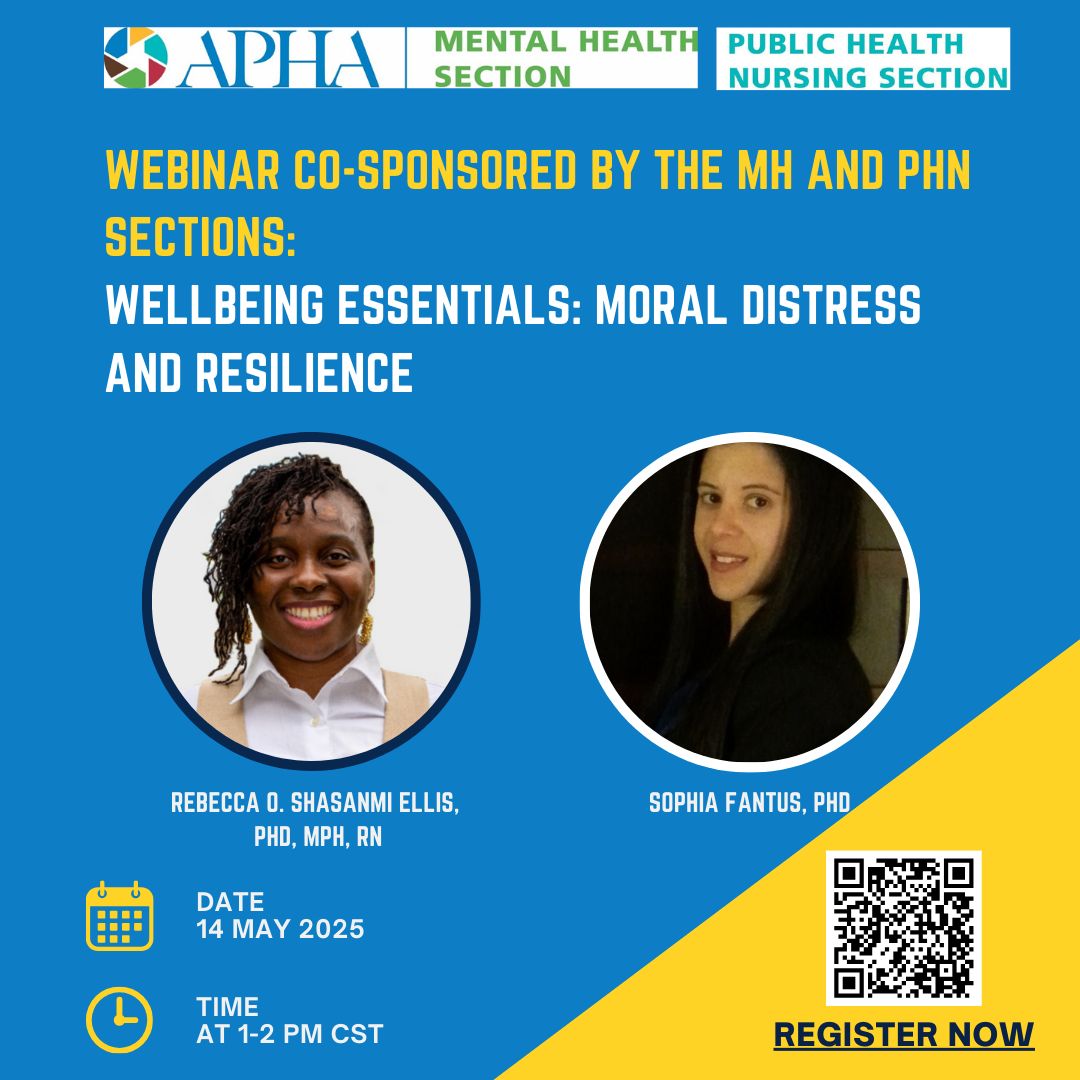 🌟 Join us for a vital conversation on moral distress and resilience in public health!
📅 May 14, 2025
🕐 1–2 PM CST
👩🏽‍🏫 Dr. Rebecca O. Shasanmi Ellis &amp; Dr. Sophia Fantus
🔗 Register now with the QR code on the flyer
#MentalHealth #PublicHealth #APHA #Resilience