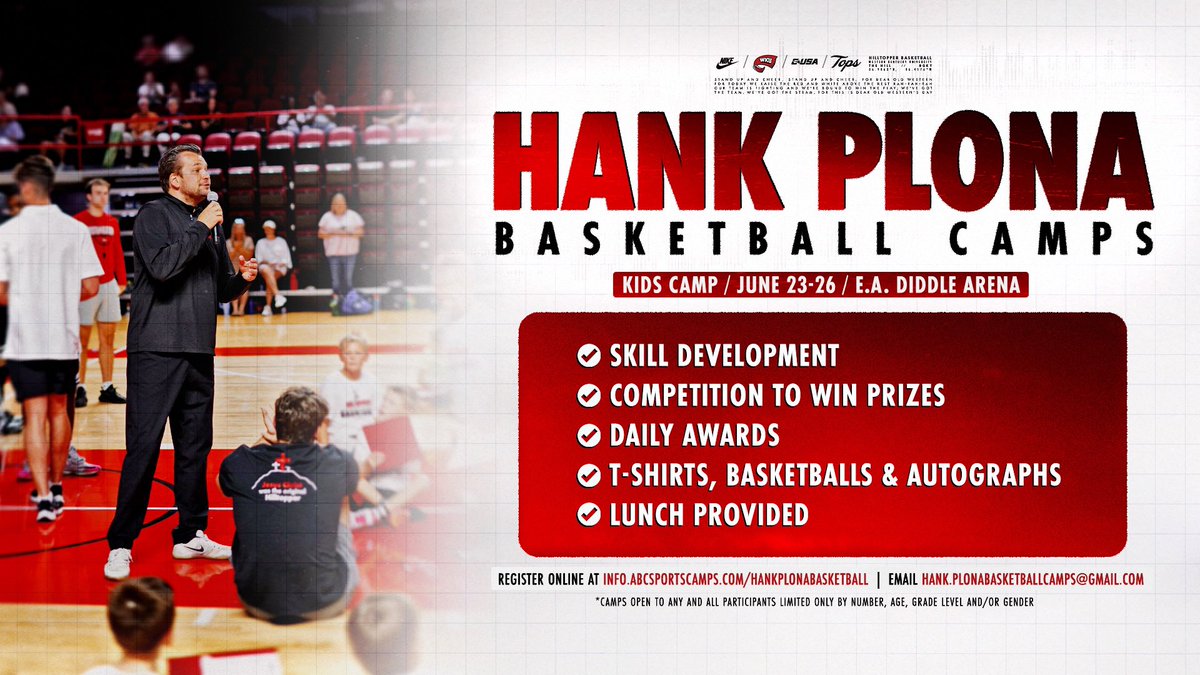 WKU Hilltopper Basketball (@wkubasketball) on Twitter photo Join us this summer ๐โผ๏ธ
Registration is open for head coach Hank Plonaโs youth basketball camp on June 23-26 in Diddle Arena
โ๏ธ Skill development
โ๏ธ Competition
โ๏ธ Awards & prizes
โ๏ธ Lunch & more!
Hit the link below โคต๏ธ
๐ฒ bit.ly/PlonaCamp
#GoTops | <a href="/HankPlona_WKU/">Hank Plona</a> Join us this summer ๐โผ๏ธ
Registration is open for head coach Hank Plonaโs youth basketball camp on June 23-26 in Diddle Arena
โ๏ธ Skill development
โ๏ธ Competition
โ๏ธ Awards & prizes
โ๏ธ Lunch & more!
Hit the link below โคต๏ธ
๐ฒ bit.ly/PlonaCamp
#GoTops | <a href="/HankPlona_WKU/">Hank Plona</a>