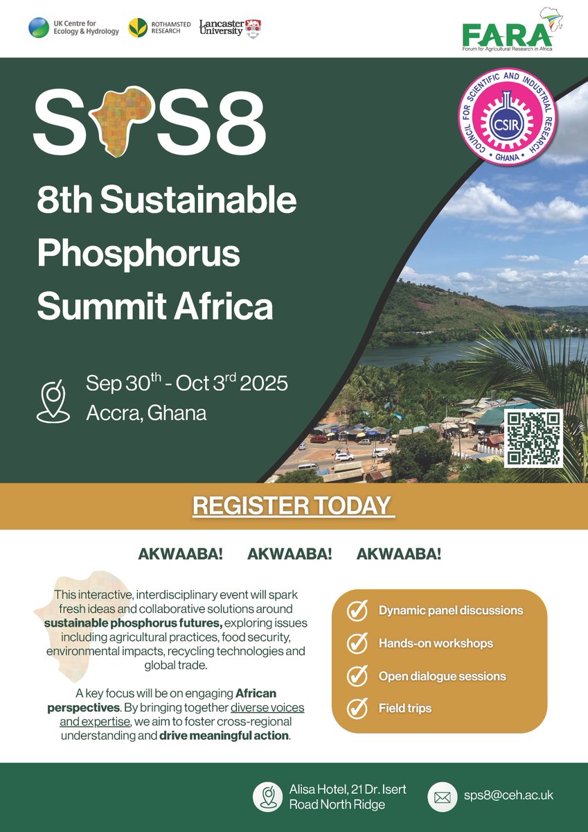FARAinfo's tweet image. Registration is now OPEN for the 8th Sustainable Phosphorus Summit #SPS8, taking place in Accra, Ghana from Sep. 30-Oct. 3, 2025!

Join researchers, policymakers, industry leaders &amp;amp; stakeholders to secure a sustainable future for phosphorus.

🔗Sign up via bit.ly/SPS82025