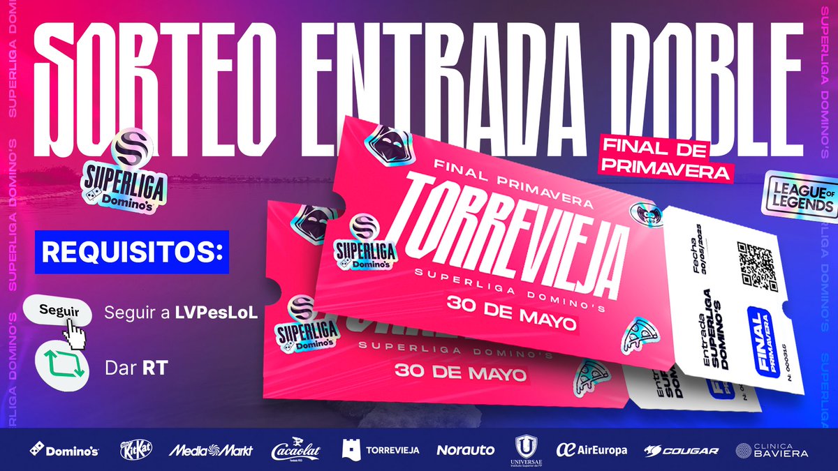 Superliga Domino's - League of Legends (@lvpeslol) on Twitter photo 📣 SE VIENE SORTEO!!
Vente con quien quieras a la final de #SuperligaDominos en Torrevieja y nosotros te regalamos las entradas.
🤝 Sigue a <a href="/LVPesLoL/">Superliga Domino's - League of Legends</a>
🔄 Haz RT
El sorteo dura hasta el próximo domingo. ¡Mucha suerte! 📣 SE VIENE SORTEO!!
Vente con quien quieras a la final de #SuperligaDominos en Torrevieja y nosotros te regalamos las entradas.
🤝 Sigue a <a href="/LVPesLoL/">Superliga Domino's - League of Legends</a>
🔄 Haz RT
El sorteo dura hasta el próximo domingo. ¡Mucha suerte!