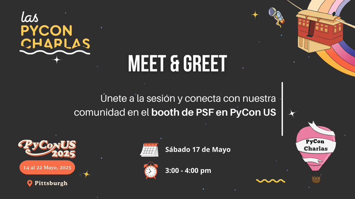 PyCon US Charlas (@pyconcharlas) on Twitter photo 🎉 ¡Conecta con la comunidad en #PyConUS 2025!
Únete al Meet & Greet de PyCon Charlas en el booth de <a href="/ThePSF/">Python Software Foundation</a> 🐍💬
📅 Sábado 17 de mayo
🕒 3:00 p.m. – 4:00 p.m.
📍 Expo Hall – Booth de la PSF
¡Conoce, comparte y haz crecer tu red! ✨
#PyConCharlas #PythonEnEspañol #Python 🎉 ¡Conecta con la comunidad en #PyConUS 2025!
Únete al Meet & Greet de PyCon Charlas en el booth de <a href="/ThePSF/">Python Software Foundation</a> 🐍💬
📅 Sábado 17 de mayo
🕒 3:00 p.m. – 4:00 p.m.
📍 Expo Hall – Booth de la PSF
¡Conoce, comparte y haz crecer tu red! ✨
#PyConCharlas #PythonEnEspañol #Python