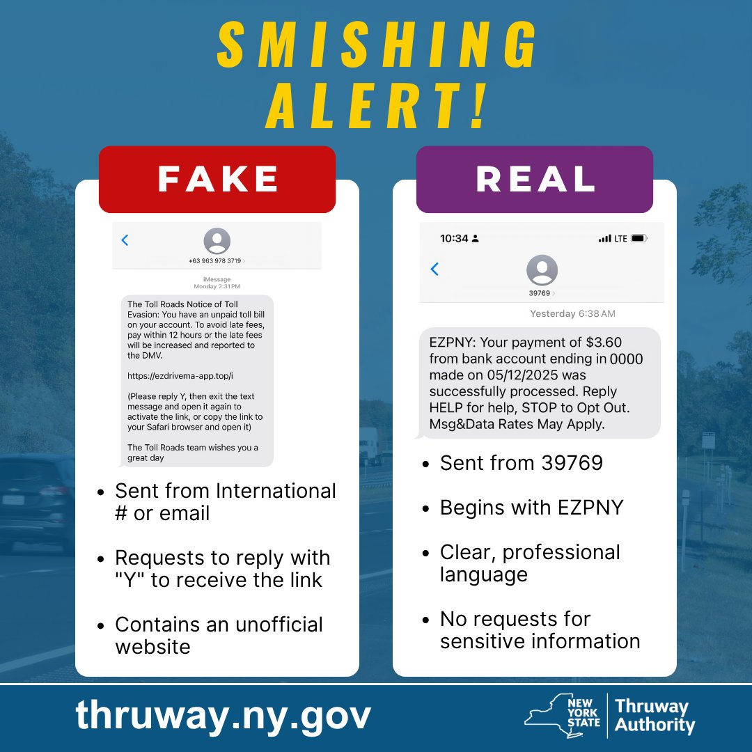 NYSThruway's tweet image. 🚨 SMISHING ALERT! 🚨 Fake texts claiming to be from E-ZPass are making the rounds. Don’t fall for them!
🔴 Fake texts come from international #s or emails, ask you to reply "Y" for links.
🔵 Real texts come from 39769 and start with EZPNY
MORE 🔗 thruway.ny.gov