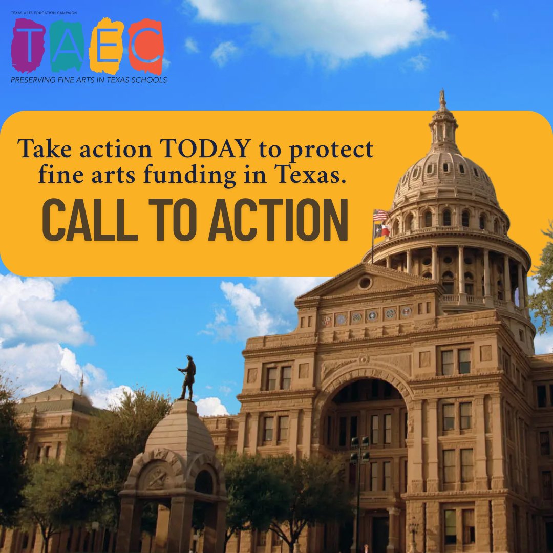Texas Fine Arts supporters! We need you TODAY! Call your Senator's office and let them know how important the Fine Arts are in Public Education, and what a game changer the allotment would be if it remains on HB2. 
❤️if you'll call today
🗨️if you've called
👥share
#txlege