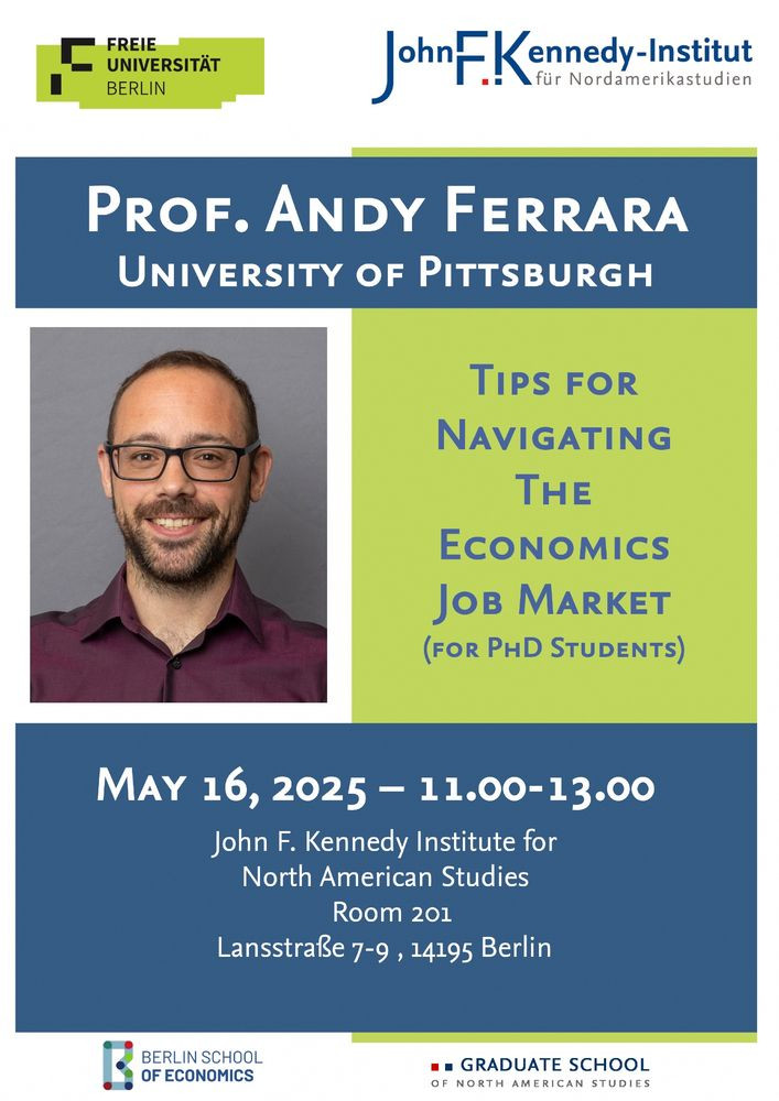 ❗Calling all PhD Economic students in Berlin ❗ 

Andy Ferrara hosts a special lecture on Friday, May 16th.

From 11:00-13:00, Andy Ferrara will share tips for navigating the economics job market, specifically tailored to PhD students.
📌 Room 201, Lansstraße 7-9, 14195 Berlin