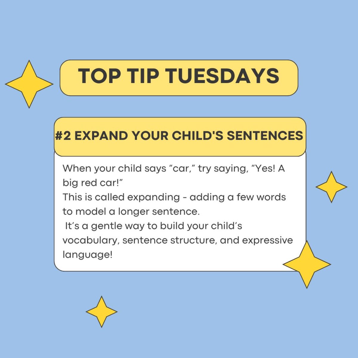 littleTalkSLT's tweet image. Today is Top Tips Tuesday 😎💛
Expanding your child's sentences is a great way of modelling longer sentences to your child, helping them to develop their vocabulary and language!
#ParentTips #LanguageDevelopment #TalkToYourToddler #EarlyYears #TopTipTuesday #SpeechAndLanguage