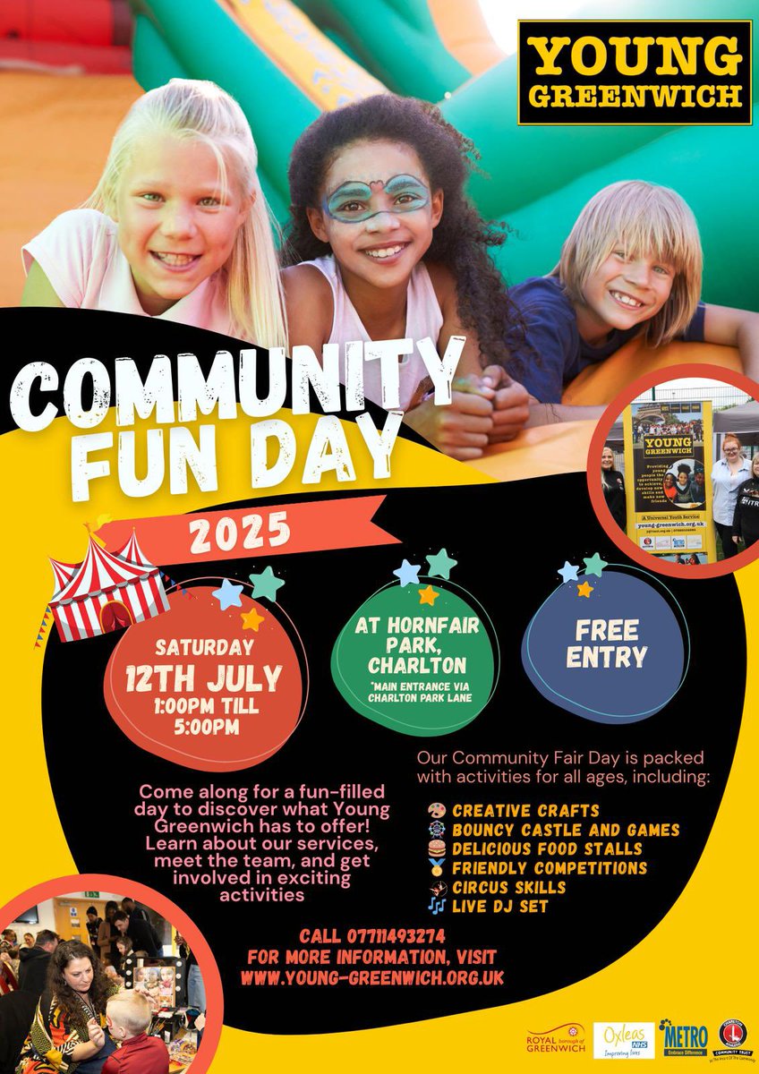 Save the Date 🎉 We’re so excited to announce that Young Greenwich will be hosting a Community fun day on Saturday 12th July from 1-5pm at Hornfair park.