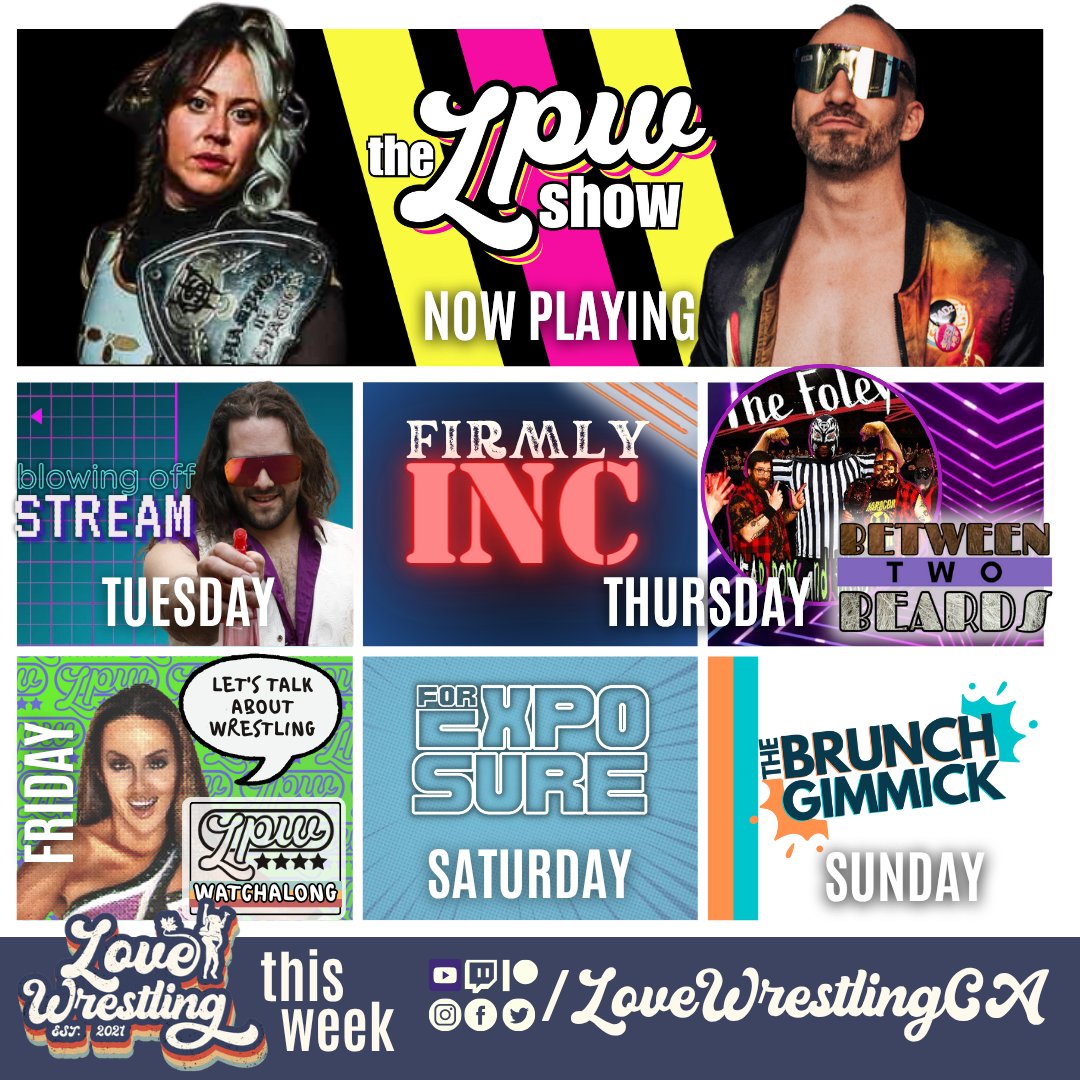 Love Wrestling || Love Pro Wrestling (@lovewrestlingca) on Twitter photo LOVE WRESTLING THIS WEEK
🔴 #TheLPWShow with <a href="/RK_Wrestling/">Rich King 🇨🇦</a> and TFA now playing!
🎮 Jackbox Games with <a href="/MattViviani91/">Matt Viviani</a> tonight!
🎸 Punk rockers <a href="/TheFoleysPunk/">TheFoleys</a> on <a href="/B2Beards/">Between Two Beards</a>!
🤼 Revisit #LPW 4 with a Watchalong!
<a href="/ForExposurePod/">For Exposure</a>, <a href="/FirmlyLW/">Firmly INC | LoveWrestlingCA</a>, and more!
PATREON · YOUTUBE · TWITCH LOVE WRESTLING THIS WEEK
🔴 #TheLPWShow with <a href="/RK_Wrestling/">Rich King 🇨🇦</a> and TFA now playing!
🎮 Jackbox Games with <a href="/MattViviani91/">Matt Viviani</a> tonight!
🎸 Punk rockers <a href="/TheFoleysPunk/">TheFoleys</a> on <a href="/B2Beards/">Between Two Beards</a>!
🤼 Revisit #LPW 4 with a Watchalong!
<a href="/ForExposurePod/">For Exposure</a>, <a href="/FirmlyLW/">Firmly INC | LoveWrestlingCA</a>, and more!
PATREON · YOUTUBE · TWITCH
