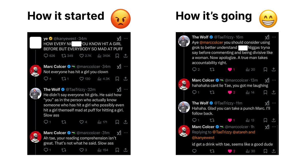 Who is the a-hole?

People argue (esp online) - when i saw <a href="/marccolcer/">Marc Colcer</a> and <a href="/TaeTrizzy/">The Wolf</a> getting into it under a tweet, i jumped in

I put their convo into Grok and asked: who's right?

but the answer didn't intrigue me, it was how marc and Tae reacted (😡➡️😄)

lightbulb moment 💡