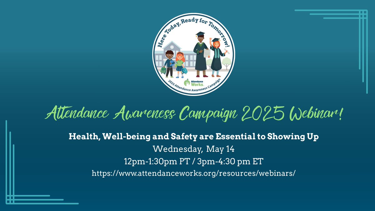 Attendance Works (@attendanceworks) on Twitter photo ⏰ Just 1 day left! Join us May 14 at noon PT / 3 ET for our 2nd Attendance Awareness webinar. Learn how addressing health and mental health barriers helps students show up. #HereTodayReadyForTomorrow!
🔗 Register: attendanceworks.org/resources/webi…
<a href="/CISNational/">Communities In Schools</a> |<a href="/JHU_EGC/">Everyone Graduates</a> | <a href="/FutureEdGU/">FutureEd</a> ⏰ Just 1 day left! Join us May 14 at noon PT / 3 ET for our 2nd Attendance Awareness webinar. Learn how addressing health and mental health barriers helps students show up. #HereTodayReadyForTomorrow!
🔗 Register: attendanceworks.org/resources/webi…
<a href="/CISNational/">Communities In Schools</a> |<a href="/JHU_EGC/">Everyone Graduates</a> | <a href="/FutureEdGU/">FutureEd</a>