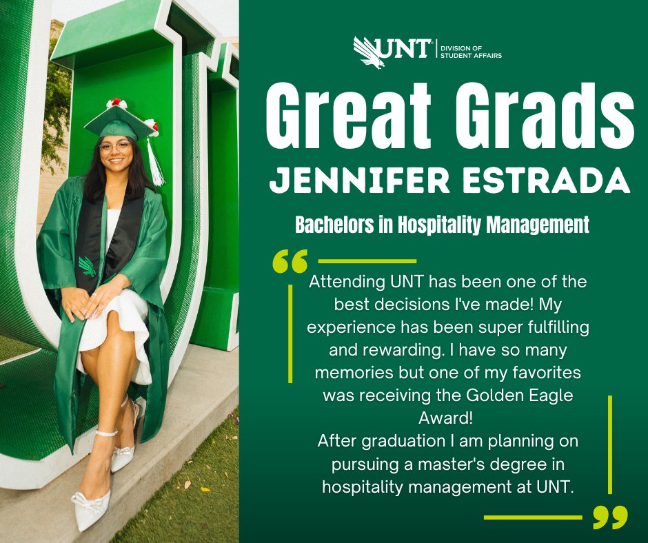 🎓💚 Great Grad Spotlight: Jennifer Estrada 🌟

As an orientation leader to guiding peers through First Year Programs, Jennifer has been a light in the UNT community! She’s not done yet—she’s returning this fall to pursue her master’s! 🦅💚 
#GreatGrad #UNT2025