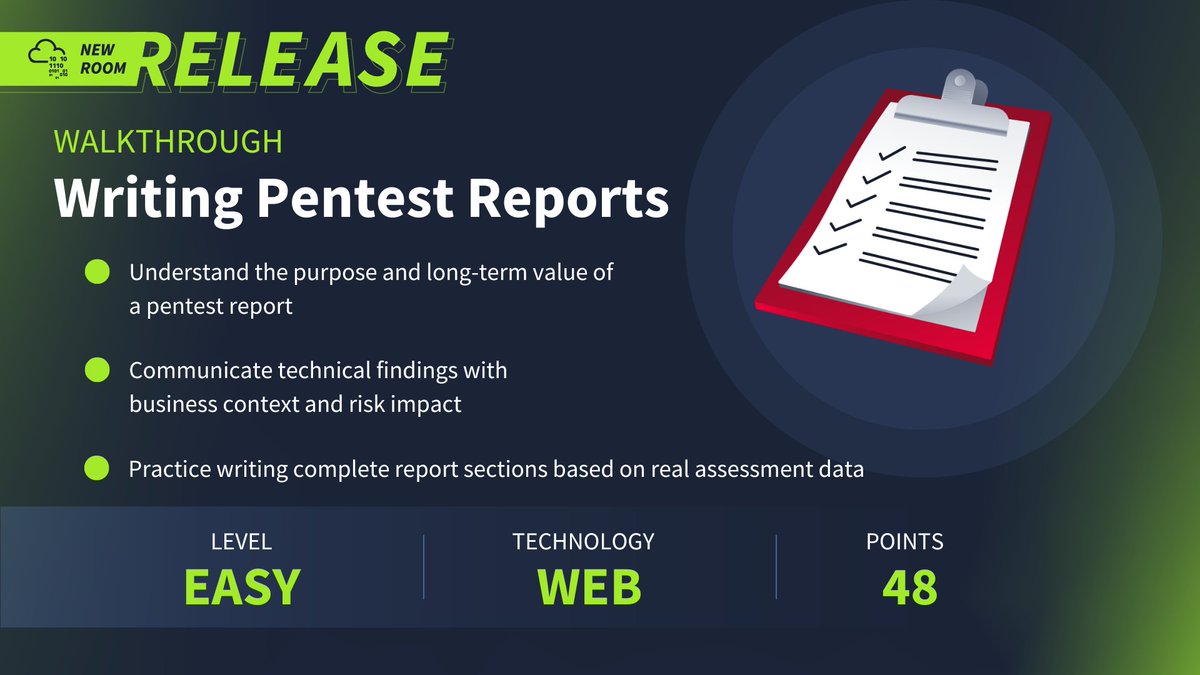 NEW WALKTHROUGH: Writing Pentest Reports
🔗 tryhackme.com/room/writingpe…

Learn how to write professional pentest reports that communicate risk. 📝