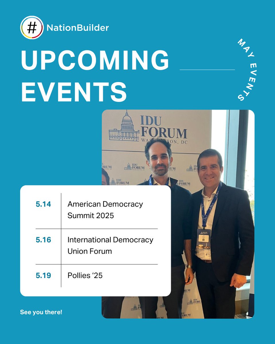 NationBuilder (@nationbuilder) on Twitter photo From Brussels to Phoenix to Colorado Springs, the #NationBuilder team is on the ground for events everywhere this week.
๐ #ADS2025 w/ @RepresentUs May 14โ16
๐ #IDUForum w/ <a href="/idualliance/">International Democracy Union</a> May 16โ18
๐ #Pollies25 w/ <a href="/TheAAPC/">The AAPC</a> May 19โ21
Will we see you there? ๐ From Brussels to Phoenix to Colorado Springs, the #NationBuilder team is on the ground for events everywhere this week.
๐ #ADS2025 w/ @RepresentUs May 14โ16
๐ #IDUForum w/ <a href="/idualliance/">International Democracy Union</a> May 16โ18
๐ #Pollies25 w/ <a href="/TheAAPC/">The AAPC</a> May 19โ21
Will we see you there? ๐