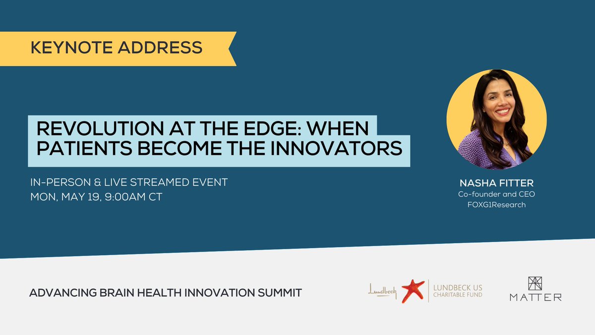 MATTER (@matterhealth) on Twitter photo Next week, at the 2025 Advancing Brain Health Innovation Summit, we’re pleased to welcome Nasha Fitter, co-founder and CEO of <a href="/Foxg1Research/">FOXG1 Research</a> and the co-founder and chief business officer of Citizen Health, as our keynote speaker.
Reserve your spot: bit.ly/3YYsRcb Next week, at the 2025 Advancing Brain Health Innovation Summit, we’re pleased to welcome Nasha Fitter, co-founder and CEO of <a href="/Foxg1Research/">FOXG1 Research</a> and the co-founder and chief business officer of Citizen Health, as our keynote speaker.
Reserve your spot: bit.ly/3YYsRcb