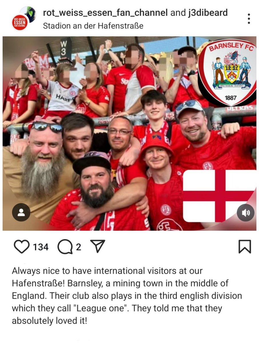 Two Barnsley fans had a great time in the Hafenstraße. Essen, Germany over the weekend. 

They met some great people in the WestKurve,  proud of their club no matter what, proud of their place. Reminded them of home. Rot Weiß 🔴⚪