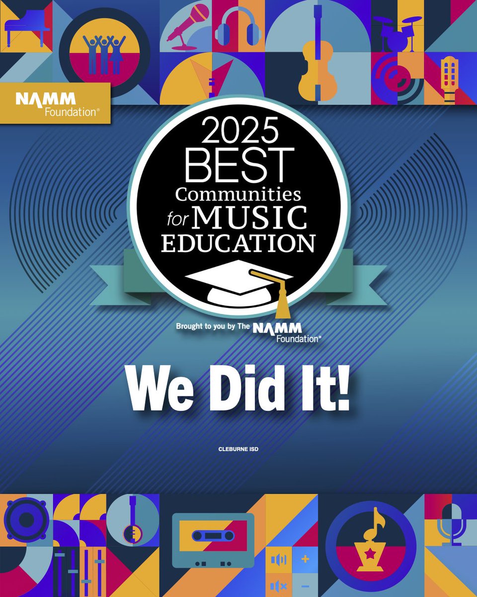 A round of applause goes out to Cleburne ISD for being recognized as a #BestCommunitiesforMusicEducation by the @nammfoundation! Congratulations to our dedicated students, teachers, administrators, and community members🎼 #GreatnessEverywhereCleburneISD