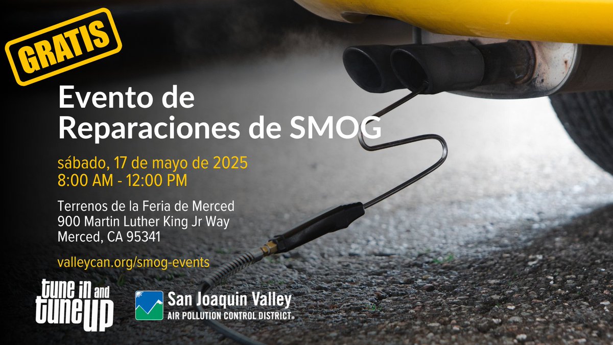 Residentes de Merced, únanse a Valley CAN en un evento GRATUITO de reparación de smog el sábado 17 de mayo de 2025, de 8:00 a.m. a 12:00 p.m., en los Terrenos de la Feria de Merced, ubicado en 900 Martin Luther King Jr. Way Merced, CA 95341