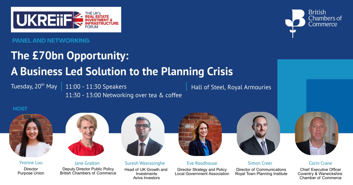 Join us at #UKREiiF on Wednesday, 15 May 2025 to hear from @EveRoodhouse, Director of Strategy and Policy, on how the Planning Skills Fund is unlocking £70bn in economic value!

#LocalGov  <a href="/britishchambers/">BCC</a>
