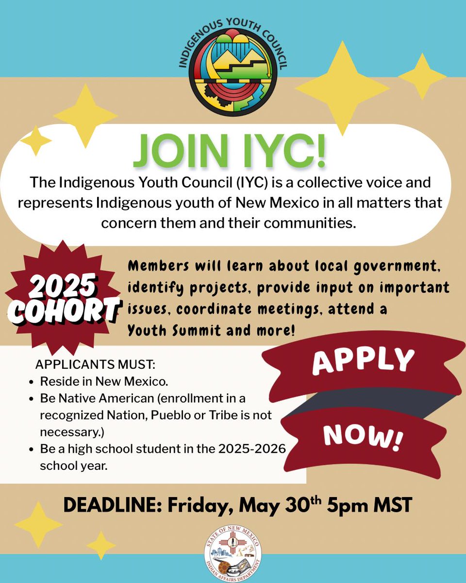 ✨IYC 2025 COHORT APPLICATION OPEN✨
IAD 🤝IYC
Apply to be a member of IAD’s Indigenous Youth Council (IYC)!
Apply here ✨: iad.nm.gov/programs/indig…