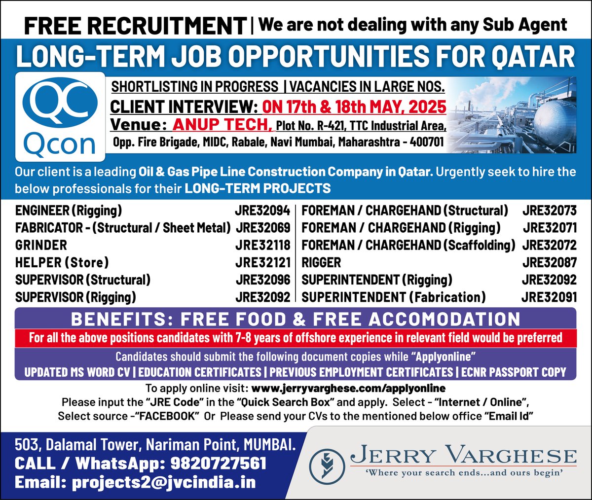 Long-Term Job Opportunities for Qatar | Read the ad to know more about the vacancies and the qualifications / Exp. reqd. | Enter ‘JRE Code’ in the Quick Search Box and Apply | All the Best.