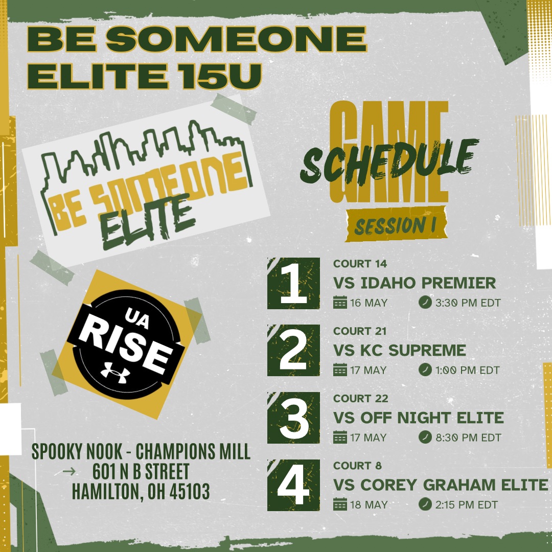 Be Someone Elite UA Rise (@besomeoneelite) on Twitter photo Be Someone Elite is headed to OHIO for Session I of the <a href="/RiseCircuit/">UA Rise Circuit</a> ! 🔥Catch our 15U-17U squads in action this weekend!💪🏽🏀
📍 UA Rise - Session I
📅 May 17-18, 2025
📍 Hamilton, Ohio Be Someone Elite is headed to OHIO for Session I of the <a href="/RiseCircuit/">UA Rise Circuit</a> ! 🔥Catch our 15U-17U squads in action this weekend!💪🏽🏀
📍 UA Rise - Session I
📅 May 17-18, 2025
📍 Hamilton, Ohio