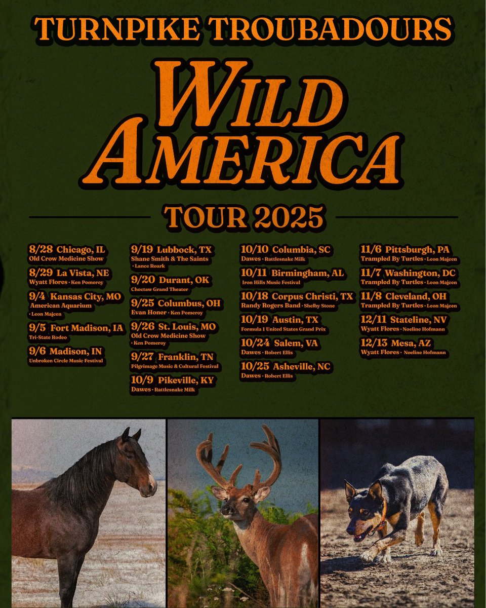Presenting the Wild America Tour 2025 🔸 16 new shows across the country

Find a city near you + check out the ticketing info below. See you out on the road real soon.

🔸 Presales this Wed 5/14
🔸 Sign up for presale access: laylo.com/turnpiketrouba…
🔸 Public onsale this Fri 5/16