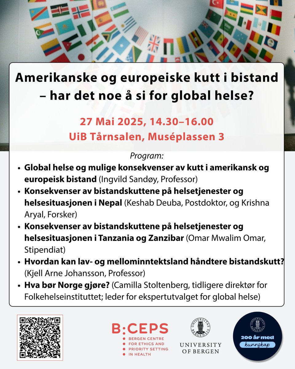 Bergen Centre for Ethics and Priority Setting (@bcepshealth) on Twitter photo 📅 Join us for a discussion on #US and #European #AidCuts — Do They Matter for #GlobalHealth? on 27 May 2025 <a href="/UiB/">Universitetet i Bergen</a>. 💡
See below for information in English and Norwegian. Some of the presentations will be in English, and some in Norwegian.
Event page: uib.no/en/bceps/17803… 📅 Join us for a discussion on #US and #European #AidCuts — Do They Matter for #GlobalHealth? on 27 May 2025 <a href="/UiB/">Universitetet i Bergen</a>. 💡
See below for information in English and Norwegian. Some of the presentations will be in English, and some in Norwegian.
Event page: uib.no/en/bceps/17803…