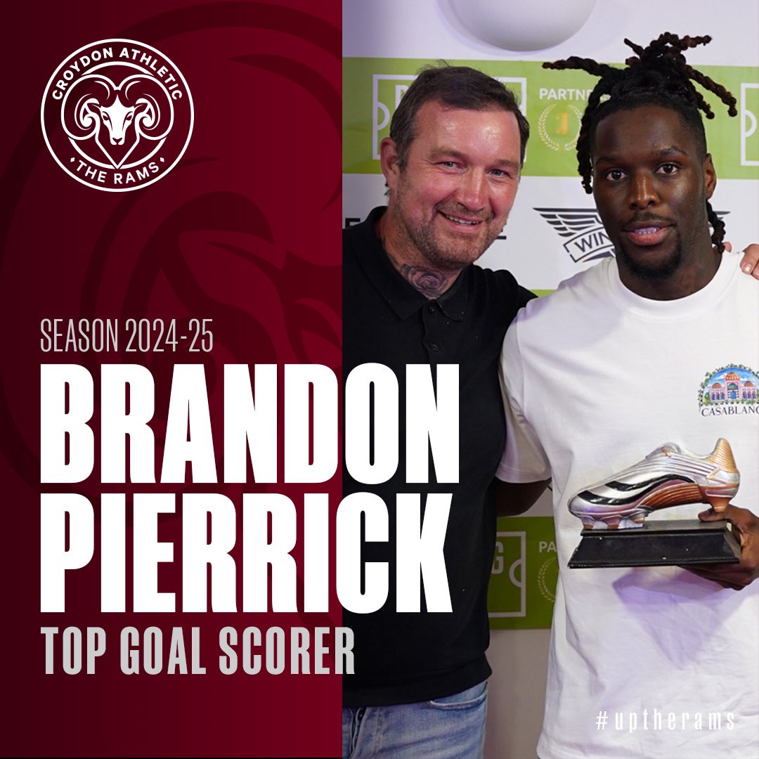CroydonAth's tweet image. ⚽ Top Goal Scorer for the 2024/25 season goes to Brandon Pierrick 🥇🔥

Clinical, composed, and constantly delivering in front of goal – a golden season! 🎯👟

Massive congratulations Brandon 🐏

#UpTheRams #CroydonAthletic #GoldenBoot #TopScorer