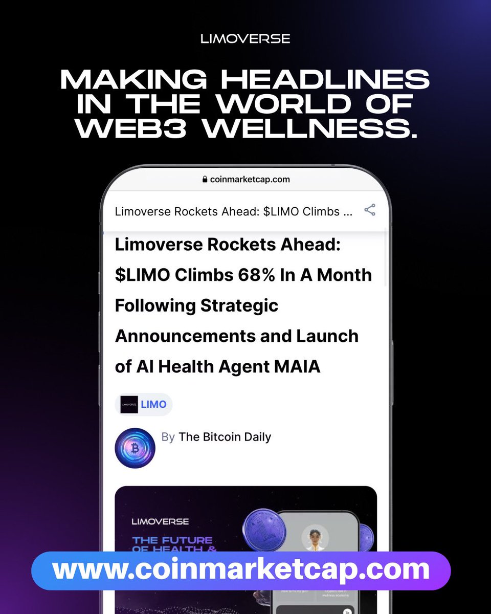 limoverseglobal's tweet photo. We’re making waves in Web3 wellness! 🌊

Limoverse is featured on @CoinMarketCap — spotlighting our breakthroughs in AI-powered health and blockchain innovation.

Get a glimpse of what’s next and catch the highlights in the full feature:
👉🏻 https://t.co/jUkRkr7k6d https://t.co/nmDcBtJslk