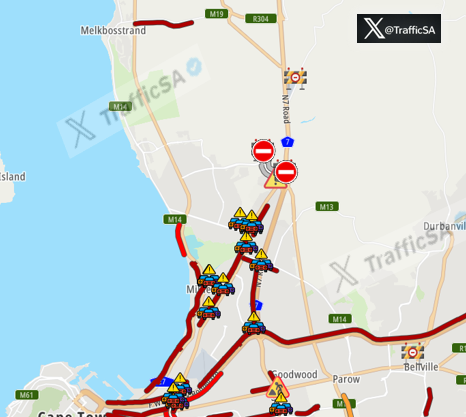 TrafficSA's tweet image. Cape Town - LIVE:   #Dunoon Unrest:   Impacting traffic flow between Melkbos and Century City as motorists divert to alternative routes