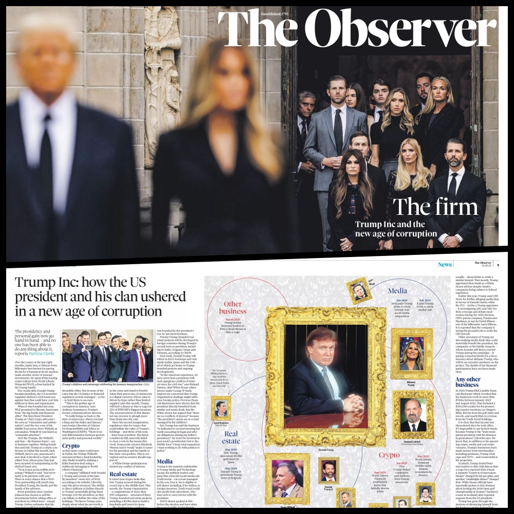 NEWS_EYES_NEW's tweet photo. لماذا لا يحب البريطانيون ترامب وعائلته
في عددها الصادر قبل أمس 11 مايو أفردت The Observer البريطانية صفحتها الأولى وتحقيقًا داخليا بعنوان: الشركة: #ترامب وشركاه وعصر الفساد الجديد.
كشفت كيف أن العائلة استخدمت موقعها السياسي لتحقيق أرباح شخصية عبر استثمارات عقارية وإعلامية.
#trump https://t.co/pFxG5YZkMb