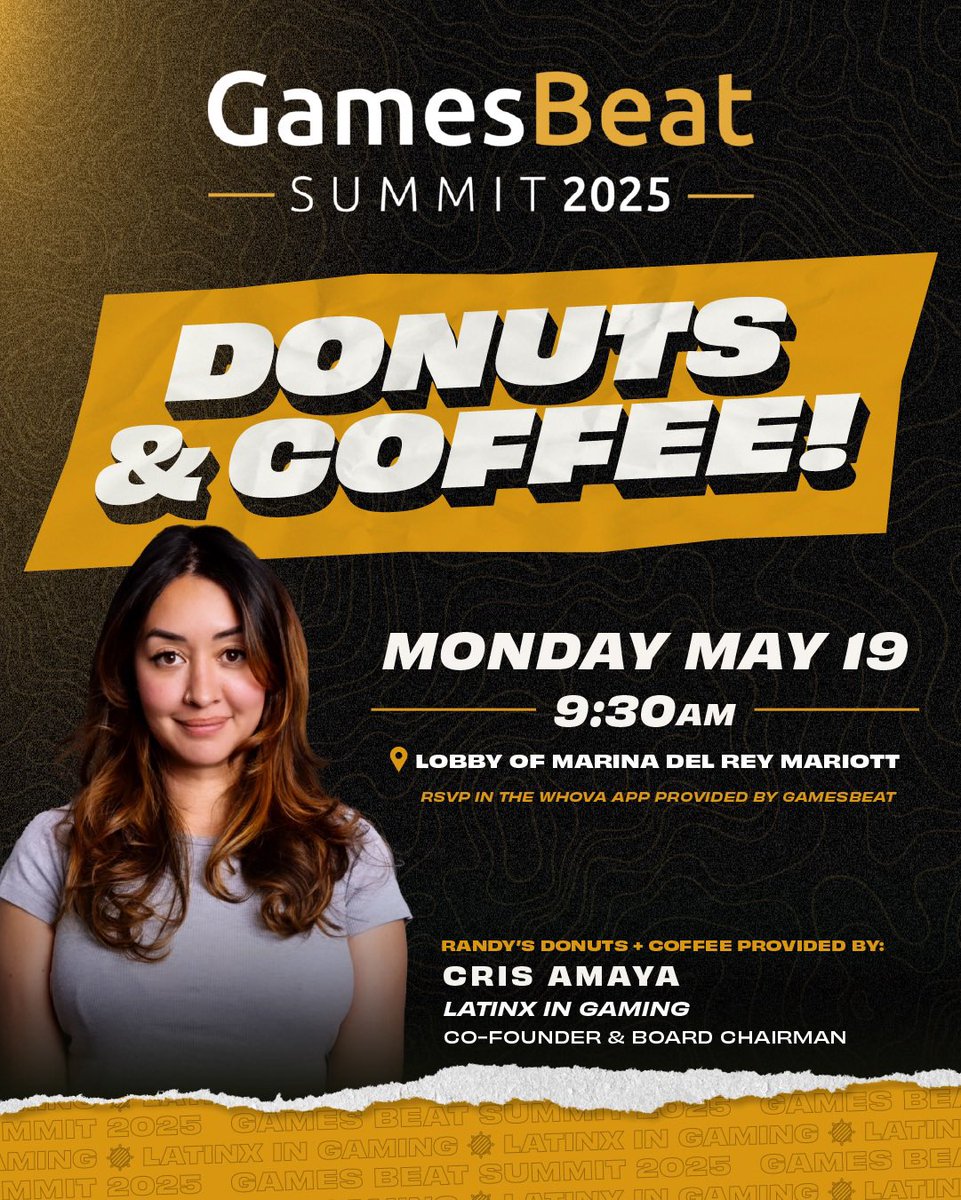 Latinx in Gaming (@latinosingaming) on Twitter photo Do you like donuts, coffee, video games, and making new friends?!
Then you should join Latinx in Gaming Co-Founder & Board Chairman <a href="/Silcris88/">Cristuna Amaya</a> for donuts, coffee, and good conversation.
Be sure to download the WHOVA App provided by GamesBeat to RSVP!
Details in photo Do you like donuts, coffee, video games, and making new friends?!
Then you should join Latinx in Gaming Co-Founder & Board Chairman <a href="/Silcris88/">Cristuna Amaya</a> for donuts, coffee, and good conversation.
Be sure to download the WHOVA App provided by GamesBeat to RSVP!
Details in photo