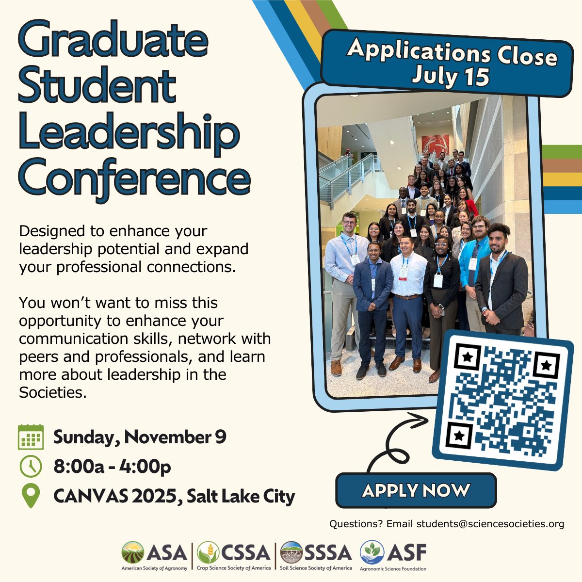 ACSGradStudents's tweet image. Grad students — don’t miss this!
Want to sharpen your leadership skills, build connections, and stand out in your field?
Join us at the Graduate Student Leadership Conference — Salt Lake City, Nov 9!
App Due: July 15!
Apply now: acsess.secure-platform.com/awards/
#GradStudent #AgLeadership