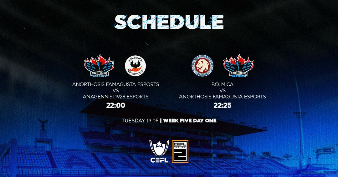 🔥MATCHDAY - W5D1

⚔️Anagennisi 1928 eSports
⏰22:00
⚔️P.O. Mica
⏰22:25

#For1911Reasons #FreedomToFamagusta #CEFL