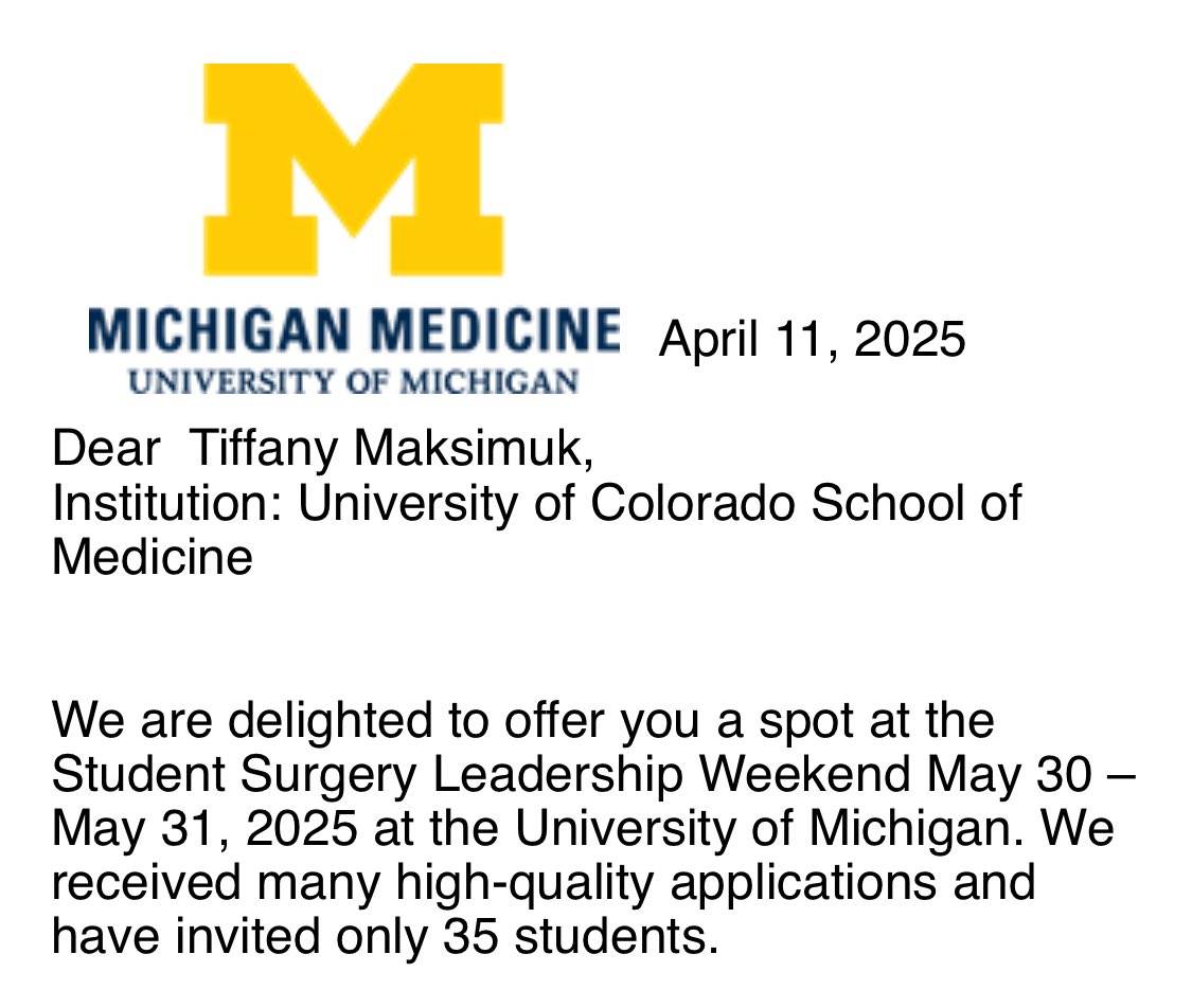 Tiffany Maksimuk, MS3 (@tiffanymaksimuk) on Twitter photo So excited & grateful to be selected to attend the <a href="/UMichSurgery/">Michigan Surgery</a> Student Leadership Weekend this month! See you there! So excited & grateful to be selected to attend the <a href="/UMichSurgery/">Michigan Surgery</a> Student Leadership Weekend this month! See you there!