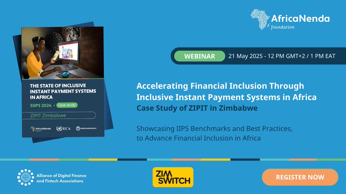 Join us for a deep dive into one of Africa’s most progressive instant payment systems.
AfricaNenda Foundation invites you to an exclusive webinar on 21 May 2025 to explore ZIPIT Zimbabwe, a pioneer in inclusive instant payments and a key case study from the SIIPS 2024 report.
We