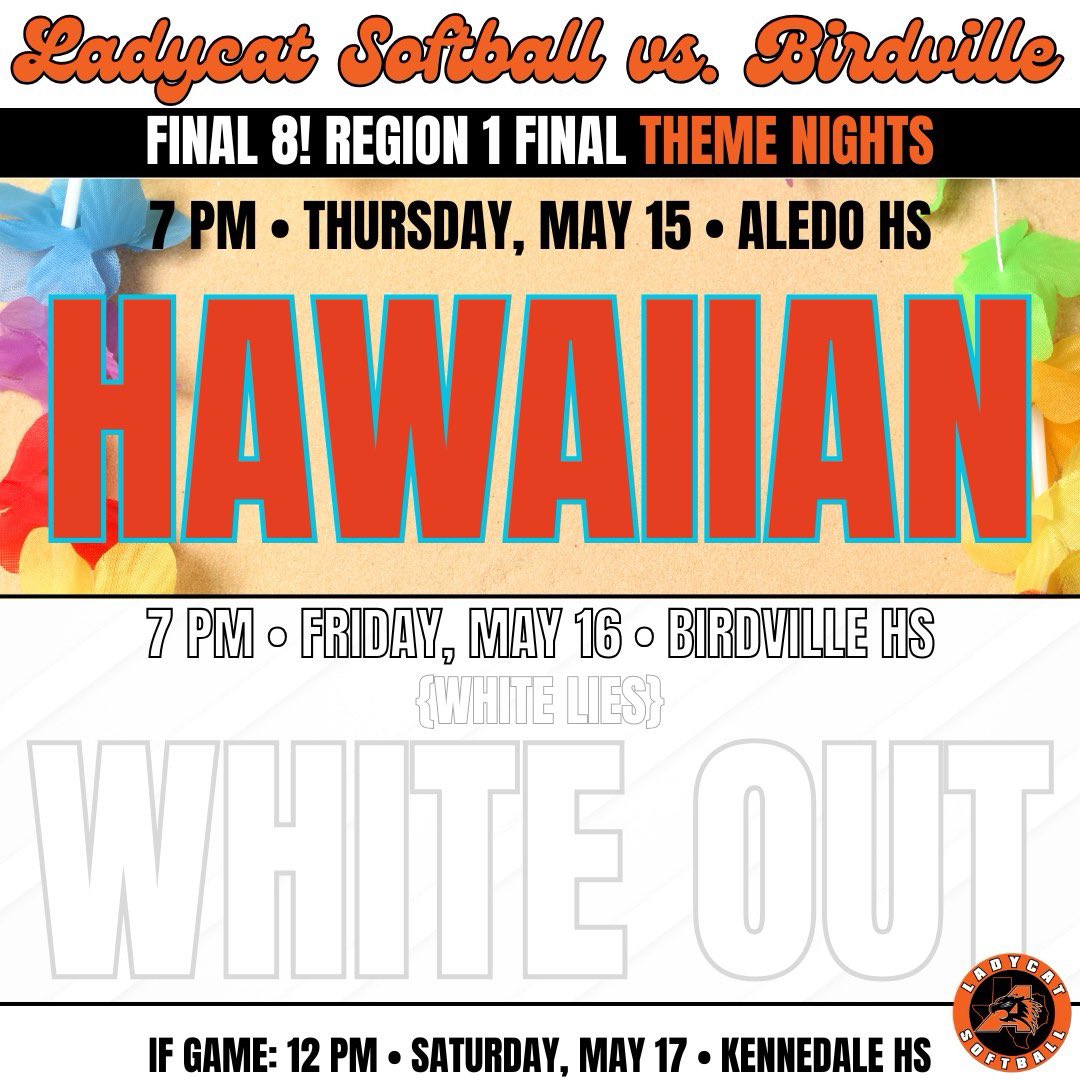 #LadycatSoftball vs. Birdville - FINAL 8️⃣!!
Theme Nights:
🌺Game 1: Hawaiian Theme - 7PM Thurs May 15 @ Aledo HS
🎟: aledoisdathletics.com/httickets

⚪️Game 2: White Out - 7PM Fri May 16 @ Birdville HS
🎟: gofan.co/event/3613262?…

Game 3, if necessary, is 12PM Sat, May 17 at Kennedale HS