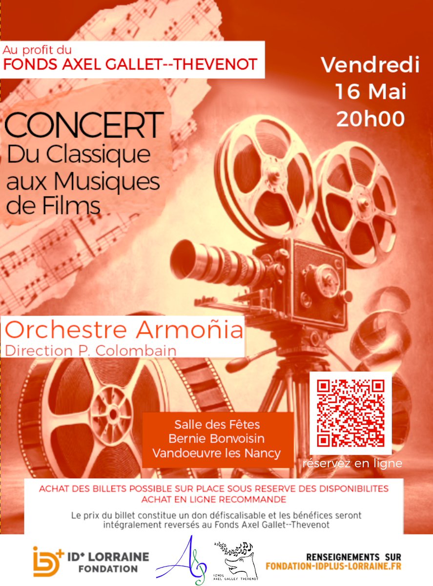 L’orchestre Armoñia vous propose un concert : « Du Classique aux Musiques de Films » ce vendredi à 20h à la salle des fêtes Bernie Bonvoisin à VANDŒUVRE-LÈS-NANCY, au profit du fonds Axel Gallet-Thevenot !
Inscription en ligne (15€) 👉 bit.ly/3GHHcng
