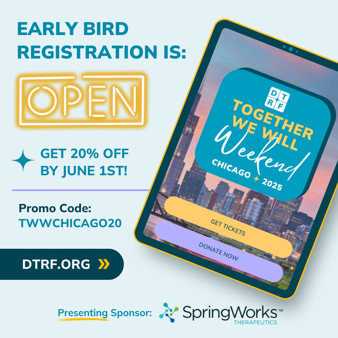 DTRFoundation's tweet image. 🎟️ Register for the &quot;Together We Will&quot; Weekend from Sept. 12-13 here: donate.dtrf.org/TWW2025. Learn more details about the Weekend and the DTRF&apos;s hotel block on the registration page. Use the promo code TWWCHICAGO20 for 20% off your registration by June 1st!

#desmoid #DTRF
