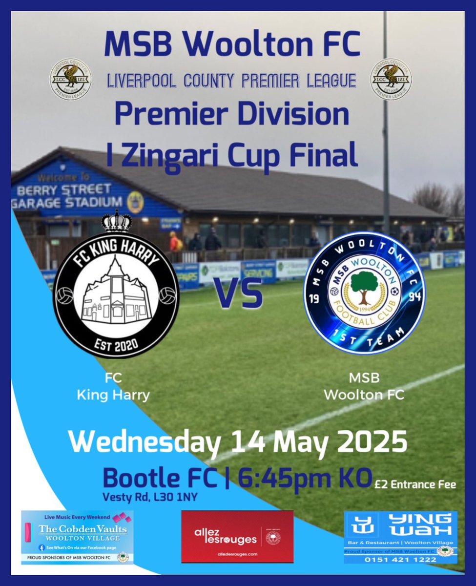 Wed 14 May

1sts in action Wednesday night in the I Zingari Cup Final 

LCPL

⚪️ 1sts 🆚 King Harry FC
🏆 I Zingari Premier Division CF
🏟️ Bootle FC
🕢 6:45pm KO

💷 £2 Entrance fee (Cash or Card)

Good luck lads 🤞

#upthewoo
