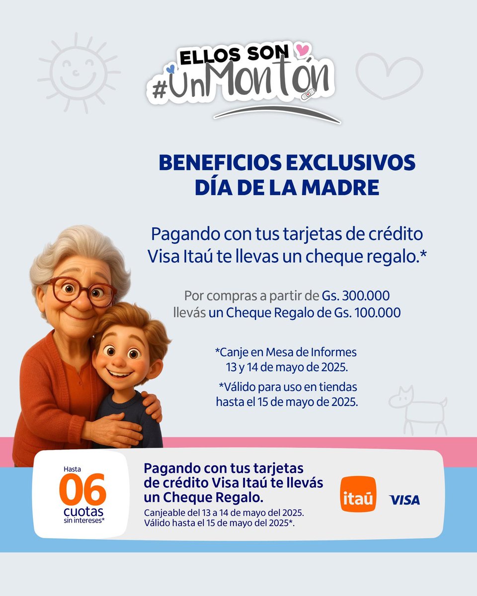 Rubén Darío Orué Melgarejo (@benru79) on Twitter photo ¡Beneficio imperdible para mamá con tus TC de <a href="/ItauParaguay/">Itaú Paraguay</a>! 🧡
🛍️ Comprando con tus TC Visa Itaú, te llevas un cheque regalo por valor de Gs. 100.000 para poder canjear en todas las tiendas del <a href="/SanLorenzoShopp/">San Lorenzo Shopping</a>
Canjes: 13 y 14/MAYO
Válido hasta el 15
#EllosSonUnMontón ¡Beneficio imperdible para mamá con tus TC de <a href="/ItauParaguay/">Itaú Paraguay</a>! 🧡
🛍️ Comprando con tus TC Visa Itaú, te llevas un cheque regalo por valor de Gs. 100.000 para poder canjear en todas las tiendas del <a href="/SanLorenzoShopp/">San Lorenzo Shopping</a>
Canjes: 13 y 14/MAYO
Válido hasta el 15
#EllosSonUnMontón