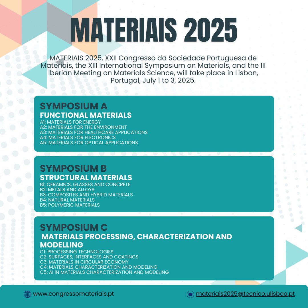 📢 Great news!

✅ Abstracts Accepted: May 15
💸 Early Bird Registration Deadline: May 31

Don’t miss out—REGISTER NOW! 👇
🔗 congressomateriais.pt/2025/registrat…

#Materiais2025 #MaterialsScience #ConferenceAlert