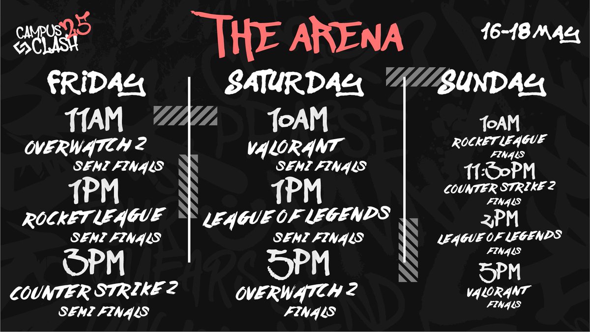 Our #CampusClash26 schedule is here! Watch the Arena games live at twitch.tv/staffsuniespor…