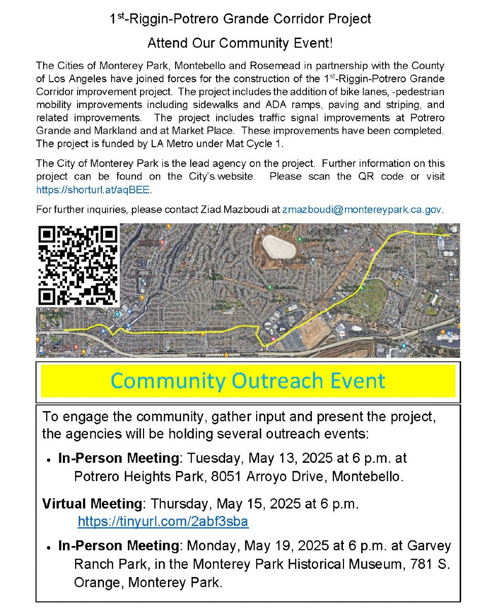 Tonight, Tuesday, May 13, join us for a community meeting on the 1st-Riggin-Potrero Corridor Project! 🚧 

Learn about bike lanes, pedestrian upgrades &amp; traffic improvements

📍 6 p.m., Potrero Heights Park Community Ctr, 8051 Arroyo Dr, Montebello

shorturl.at/aqBEE