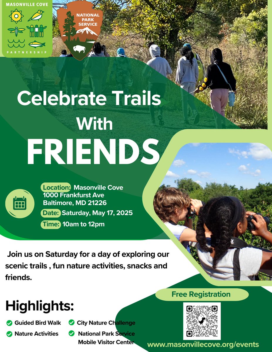 Captain Trash Wheel (@capttrashwheel) on Twitter photo Celebrate our trails this Saturday! 🌿
Join us at Masonville Cove for bird walks, nature games, & the <a href="/NatlParkService/">National Park Service</a> mobile visitor center! 🐦🌳🚐 Fun, free & family-friendly!
Register now: ow.ly/oIgP50VRRHX
#CelebrateTrailsDay #MasonvilleCove Celebrate our trails this Saturday! 🌿
Join us at Masonville Cove for bird walks, nature games, & the <a href="/NatlParkService/">National Park Service</a> mobile visitor center! 🐦🌳🚐 Fun, free & family-friendly!
Register now: ow.ly/oIgP50VRRHX
#CelebrateTrailsDay #MasonvilleCove