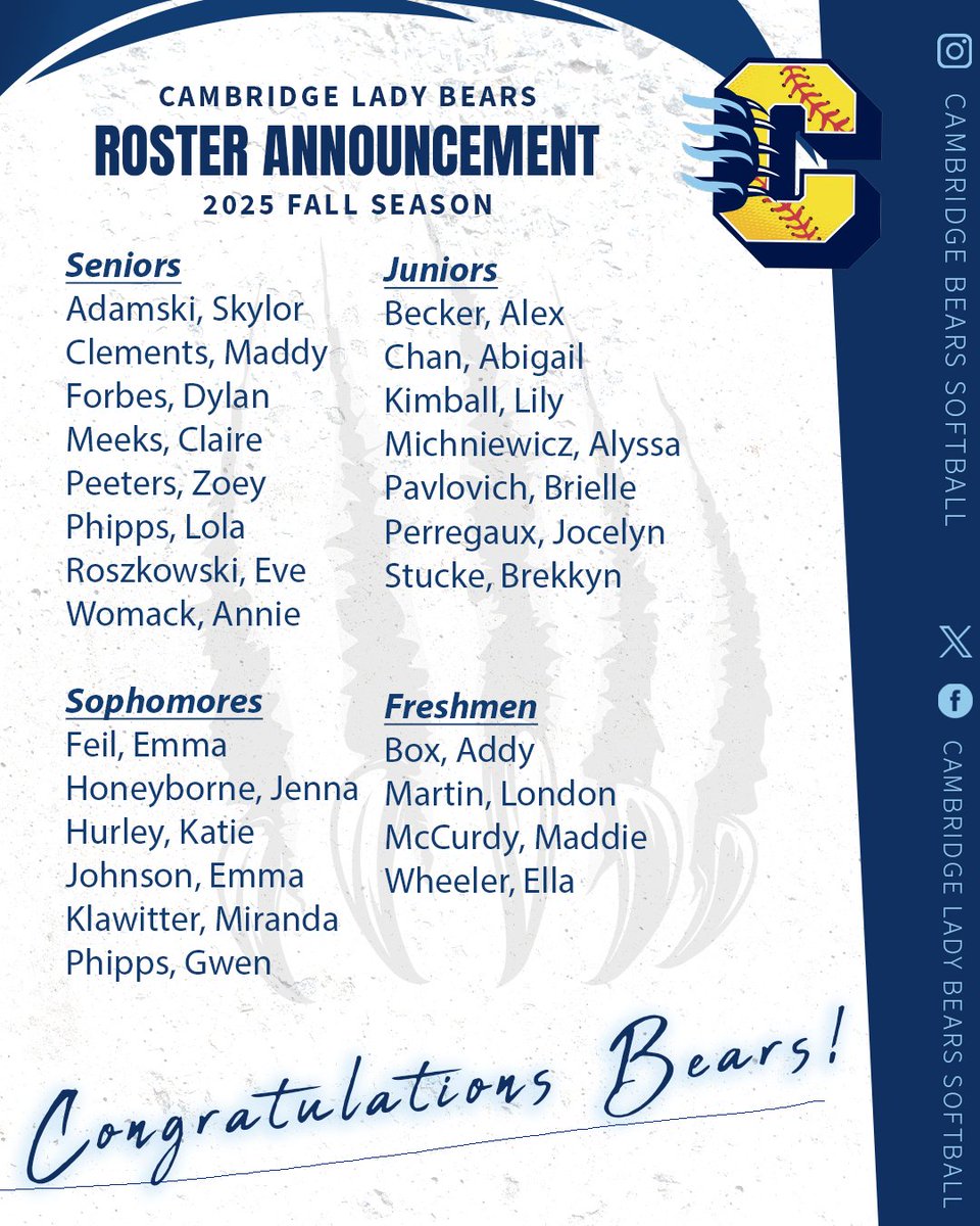 We are excited to announce the 2025 Fall Softball Roster. Congratulations to these athletes! Go Bears! <a href="/Cambridge_AD/">Cambridge Athletics</a>  <a href="/AgansPrincipal/">PrincipalAgans</a>