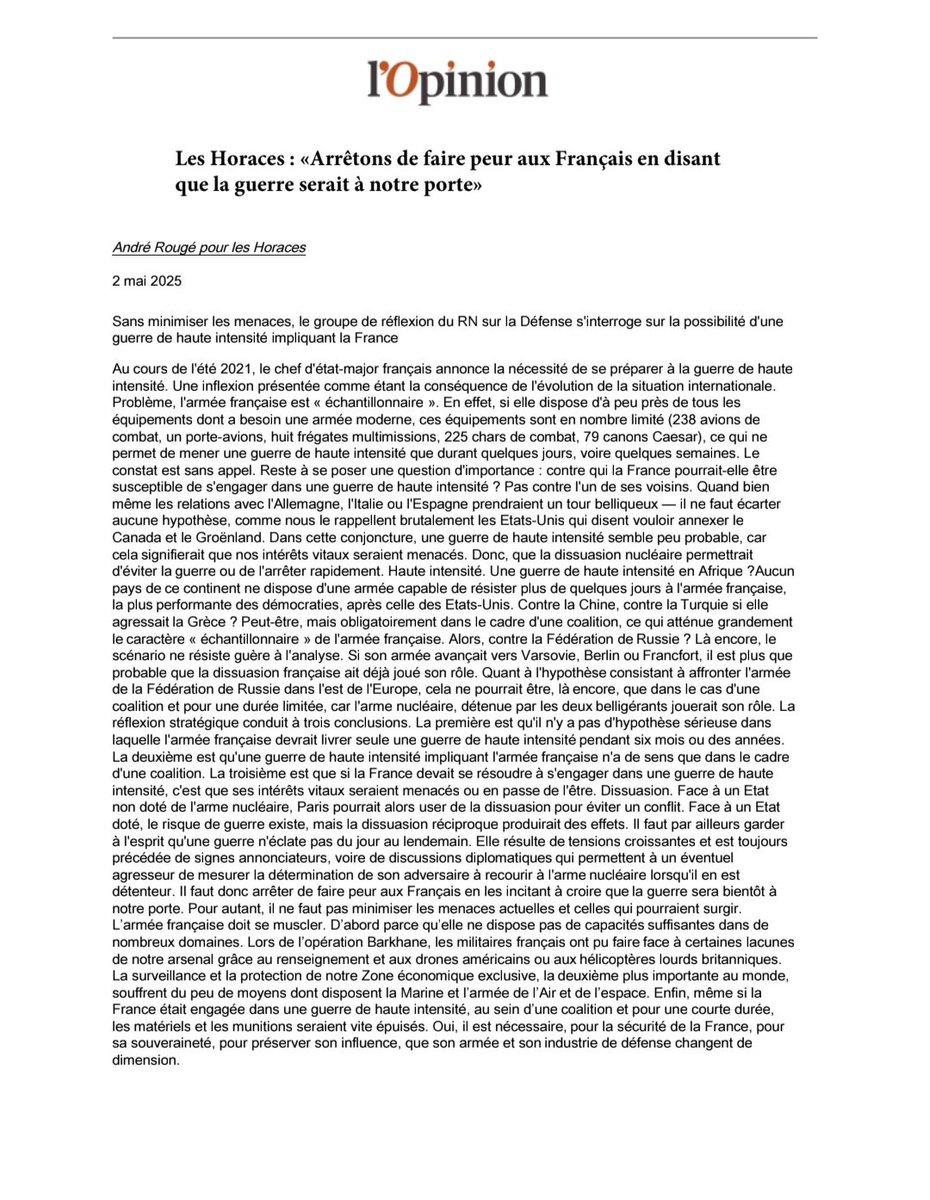 🔴Au cours de l'été 2021, le chef d'état-major français annonce la nécessité de se préparer à la #guerre de haute intensité. 

➡️Pour l'Opinion, le groupe défense des Horaces, lève le voile sur le prétendu conflit militaire qui guette la #France.