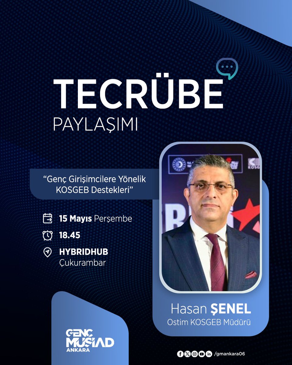 “Tecrübe Paylaşımı” programlarımız kapsamında Ostim KOSGEB Müdürü Sn. Hasan ŞENEL’i misafir ediyoruz. Genç Girişimcilere Yönelik KOSGEB Destekleri'ni konu alan programımıza tüm üyelerimiz davetlidir. Katılımlarınızı bekliyoruz.

*Program Üyelerimize Özeldir
 #gençmüsiadankara