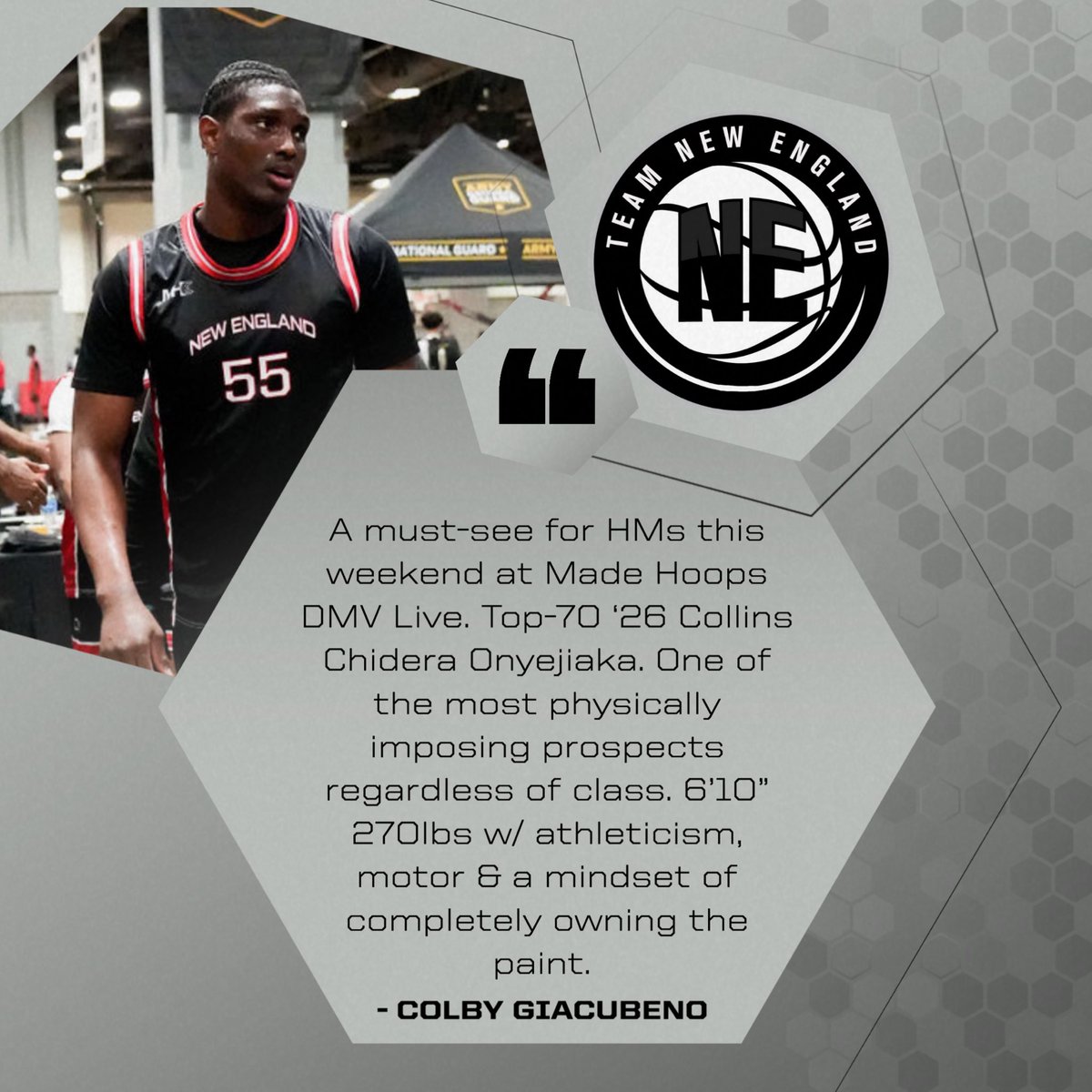 Team New England Basketball Club (@tnebballclub) on Twitter photo Consensus Top 10 C in 2026 6’10” <a href="/Collins32486199/">Collins Chidera Onyejiaka</a> is getting ready for his BEST summer yet.
Great week for the <a href="/Newman_Hoops/">Newman School Basketball</a> product‼️
<a href="/Top100Camp/">Top 100 Camp</a> invite ✅
<a href="/PangosAACamp/">Pangos All-American Camp</a> invite ✅
<a href="/madehoops/">MADE Hoops</a> AA invite ✅
Indiana, UConn, GTown & Texas all inquired this week on the big fella🙌🏾 Consensus Top 10 C in 2026 6’10” <a href="/Collins32486199/">Collins Chidera Onyejiaka</a> is getting ready for his BEST summer yet.
Great week for the <a href="/Newman_Hoops/">Newman School Basketball</a> product‼️
<a href="/Top100Camp/">Top 100 Camp</a> invite ✅
<a href="/PangosAACamp/">Pangos All-American Camp</a> invite ✅
<a href="/madehoops/">MADE Hoops</a> AA invite ✅
Indiana, UConn, GTown & Texas all inquired this week on the big fella🙌🏾